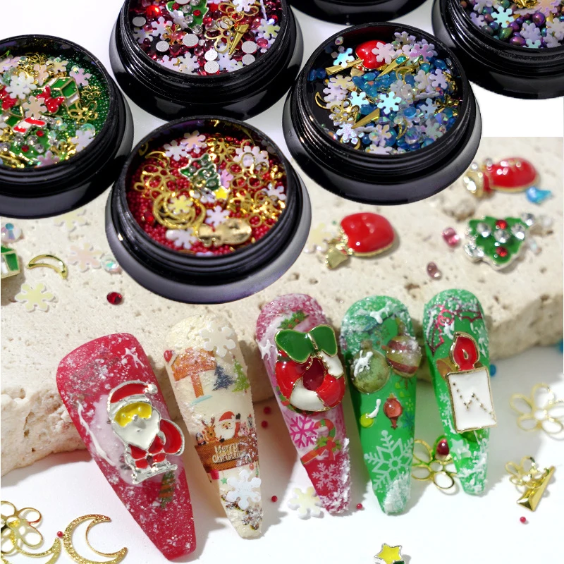 

1 банка Рождественская коллекция 3D сплав Стразы смешанный размер Снежинка дерево бусины Кристалл шармы DIY рождественская коробка аксессуары для ногтей