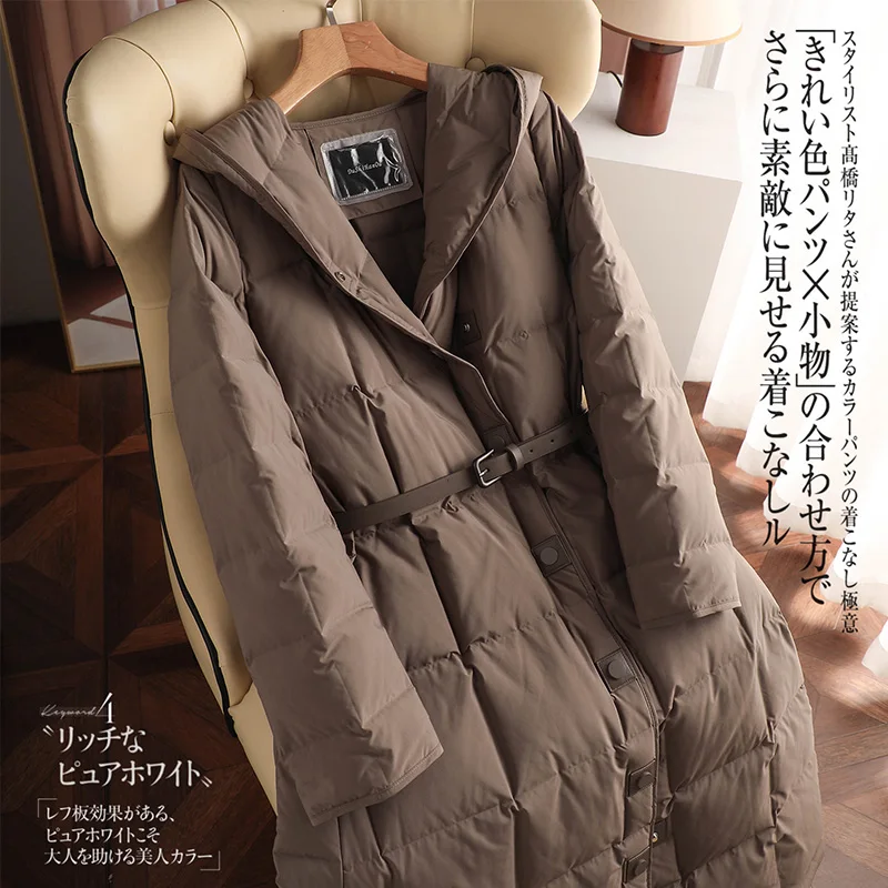 Long Duck Jacket Women Casacos De Inverno Feminino  High Street Thin Hooded Covered Button  Slim  Adjustable Waist Coat