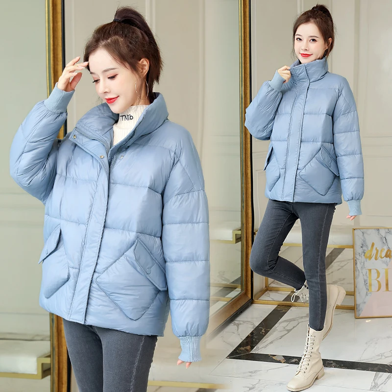 Women's short cotton coat 2022 winter Korean version stand collar loose long sleeve zipper light slim slim down jacket