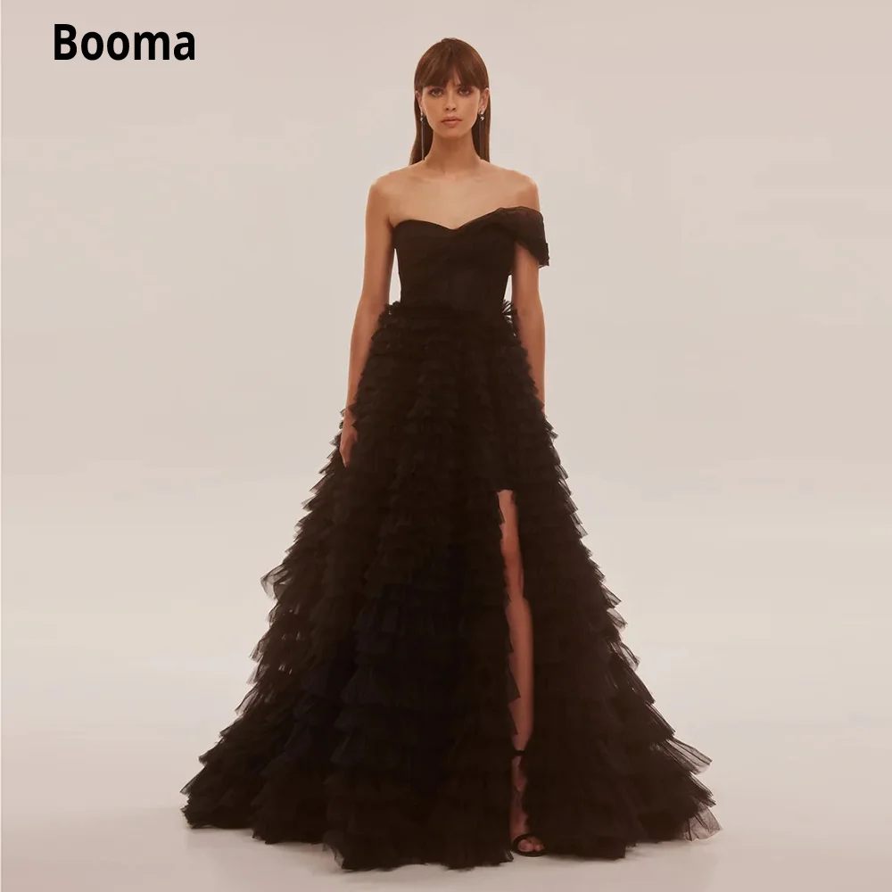 

Booma Black Tiered Tulle A-Line Prom Dresses One-Shoulder Ruffles Frill-Layered Party Gowns High Slit Maxi Formal Evening Dress