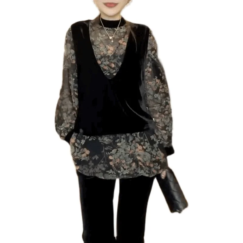 Золотистый бархатный жилет шифоновые рубашки с большими рукавами комплект из