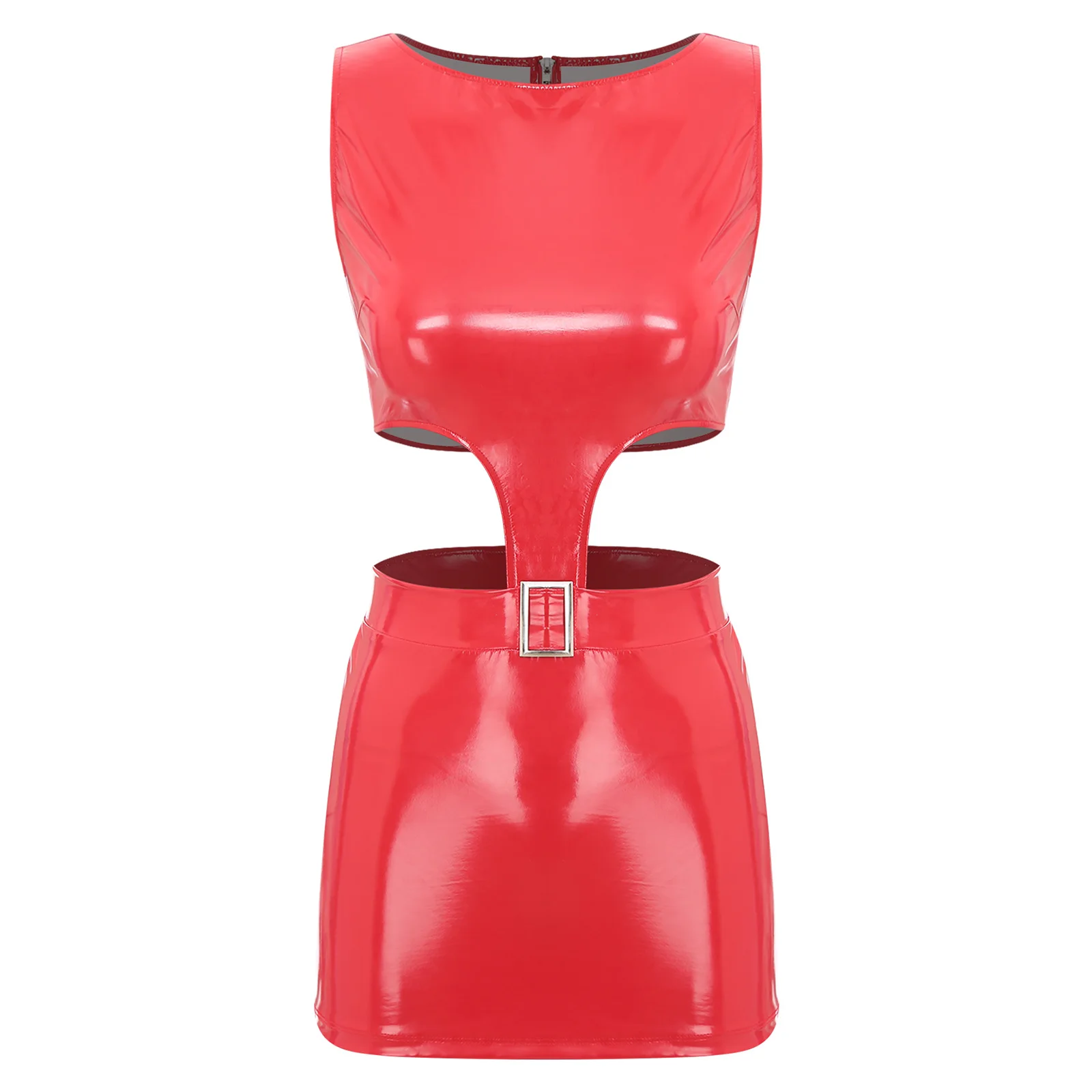 Женское мини-платье с мокрым эффектом и вырезом из лакированной кожи облегающее