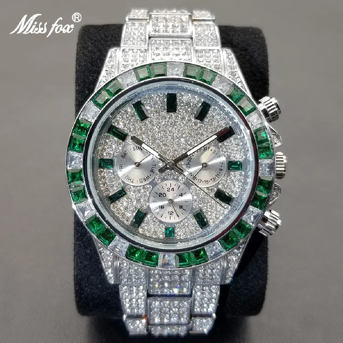 

MISSFOX Ice Out Wristwatch For Men Luxury Green Diamond Calendar Quartz Wristwatch Hip Hop Fashion Waterproof Man Clock 2022 New