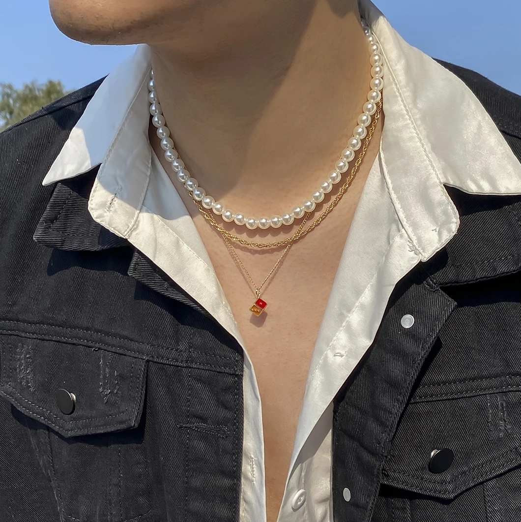 

Pearl Beads Chain with Dice Pendant Necklace for Men Trendy Separable 3 Layered Chains Necklace Set on Neck 2022 Fashion Jewelry