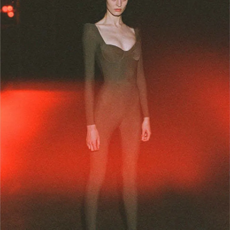 2022 New Autumn Women's Sexy Long Sleeve V-Neck Bodycon Bandage Bodysuit Elegant Celebrity Runway Party Night Club Wear