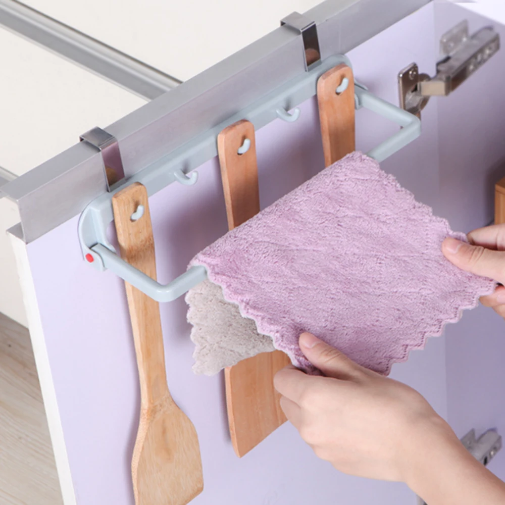

Automatic Folding 5 Hooks Kitchen Cabinets Nail-free and Traceless Rag Hanger Door Back Wardrobe Drawer Row Hook