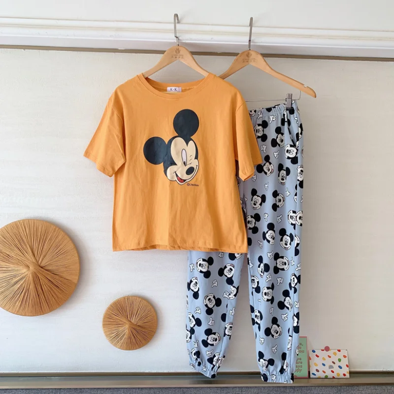 Disney Anime Mickey Mouse Soft Women's Pajamas Set Summer 2022 New Short Sleeve Top Pajama with Pants Casual Sleepwear Suit