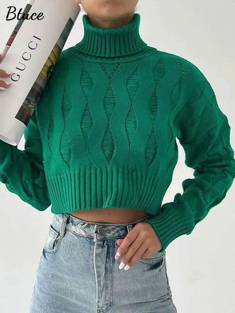 

Женский Укороченный трикотажный пуловер, однотонный теплый облегающий свитер в рубчик с высоким воротником, в Корейском стиле, Осень-зима ...