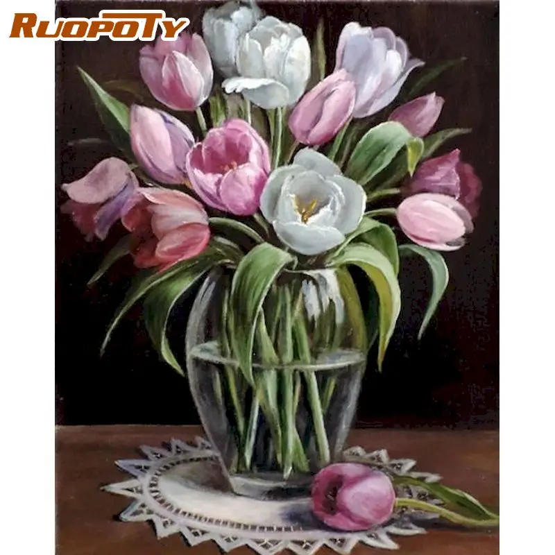 

RUOPOTY DIY Picture By Numbers Kits For Adults Children HandPainted Unique Gift Flower In Vase Oil Painting By Number 40x50 Fram