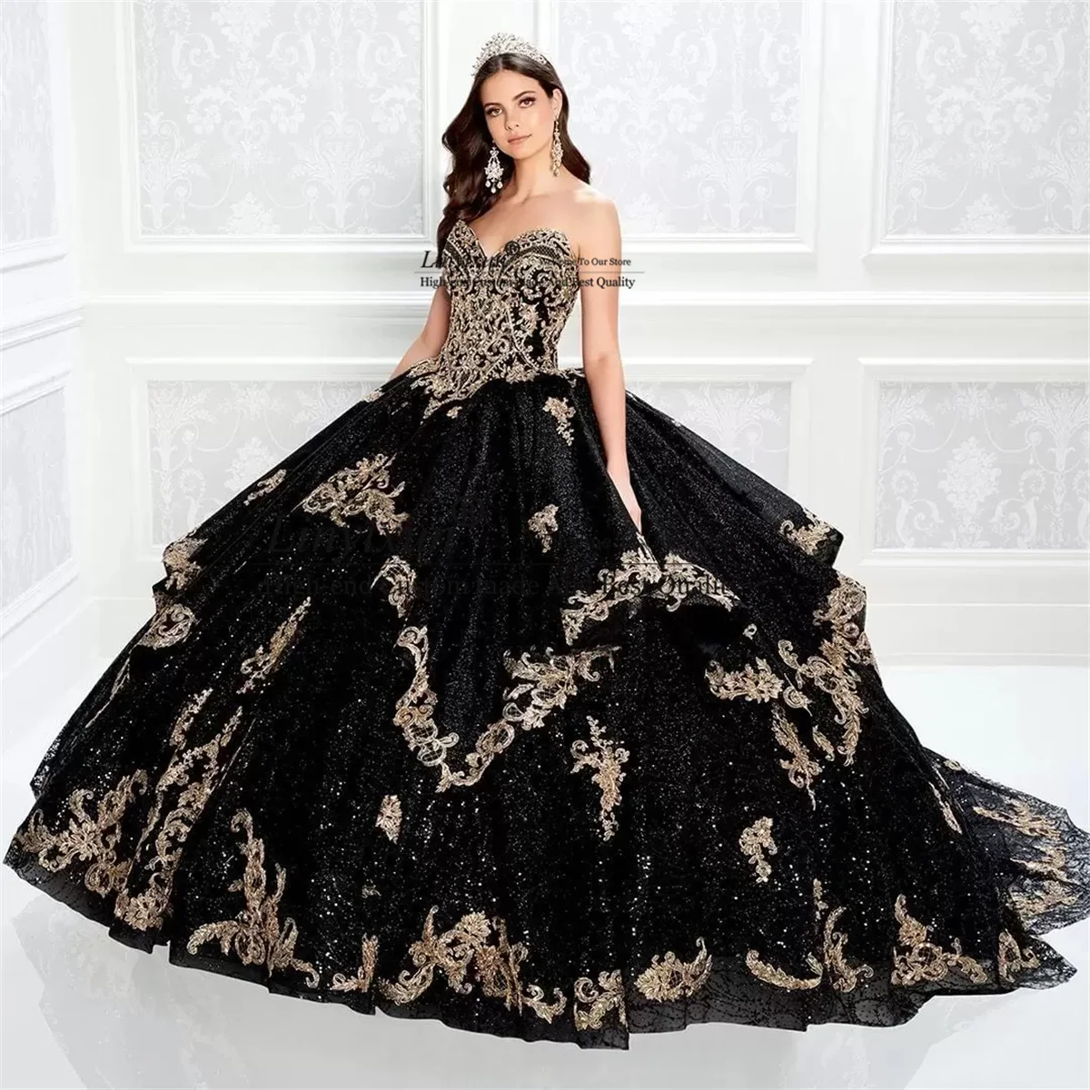 

Shining Black Ball Gown Quinceanera Dresses Lace Appliqued Beaded Sweetheart vestidos de 15 años Sweep Train Sweet 16 Dress
