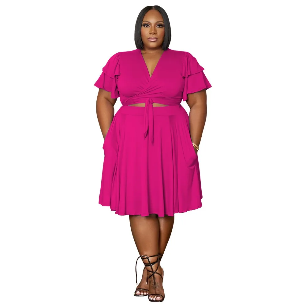 XL-5XL African Women Clothing Plus Size Two Piece Sets Solid Color Short Sleeve Ruffle Top and Skirt Suits Sexy Elegant Outfits