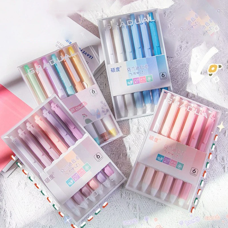 

6Pcs/Set Cute Morandi Color Press Gel Pen ST Nib 0.5mm Black Ink Office Signature Pen Student Kawaii Stationery Writing Supplies