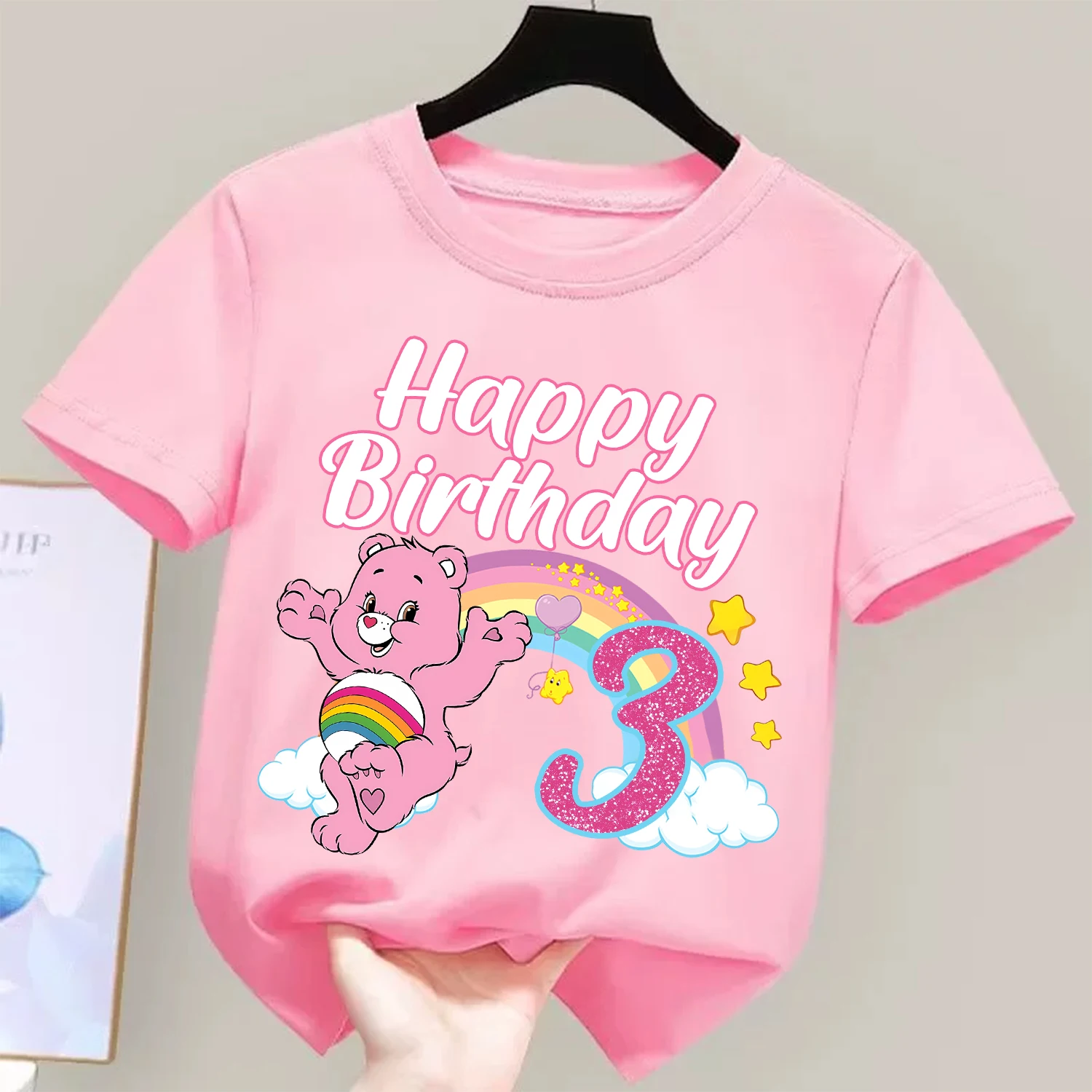 Фото Футболка с номером на день рождения Care Bears, детская футболка с круглым воротником, одежда Kawaii для девочек, детская одежда с короткими рукавами и рисунками, подарок №4