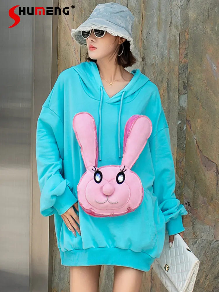 Sweet Woman Loose Cartoon Rabbit Mid-length Hooded Shirt Fashion Ins Personality All-Match Long Sleeve Women's Oversized Hoodie