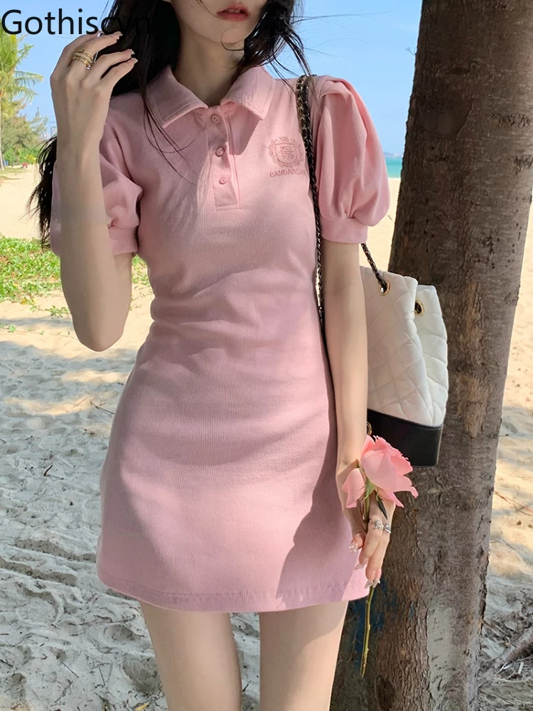 

Gothiscyn Women Pink Dress Puff Sleeve T-shirt Skirt Waist Sweet Hot Girl POLO Neck Slim Summer Skirt Elegant Ladies Clothing