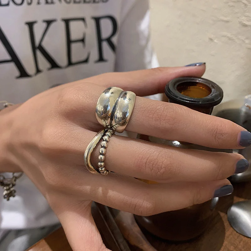 

925 Sterling Silver Thick simple wave light surface solid heart trendy ins cool wind couple ring for women