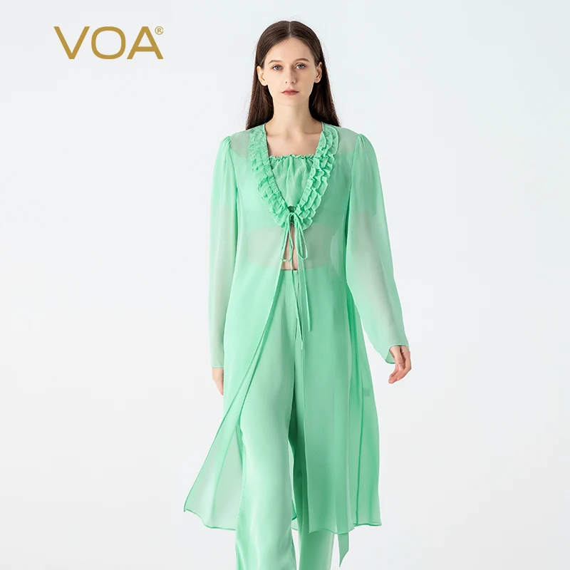 

VOA 100% Pure Mulberry Silk Georgette Emerald Green V-neck Long Sleeve Multi-layer Pleated Lace Long Straight Thin Coat WE236