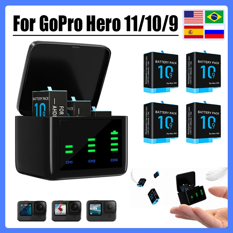 

Литиевая батарея для Gopro hero 11/10/9, для Go Pro hero 11/10/9, черные аксессуары для спортивной экшн-камеры GoPro, 2000 мАч