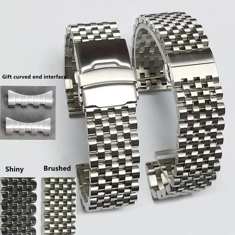 20mm 22mm Stainless Steel Universal Curved Straight End Seven Bead Bead Of Rice Watch Band Strap Bracelet Fit For All Watches