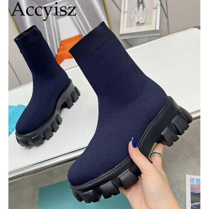 

Women Platform Knitted Stretch Sock Boots Round Toe Thick Bottom breathable Ankle Botas Spring Autumn Versatile Riding Boots