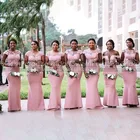 Розовое Кружевное платье подружки невесты с рукавами-крылышками, аппликациями, прозрачным вырезом и юбкой-годе, длинное платье подружки невесты, официальное платье для вечерние ринки