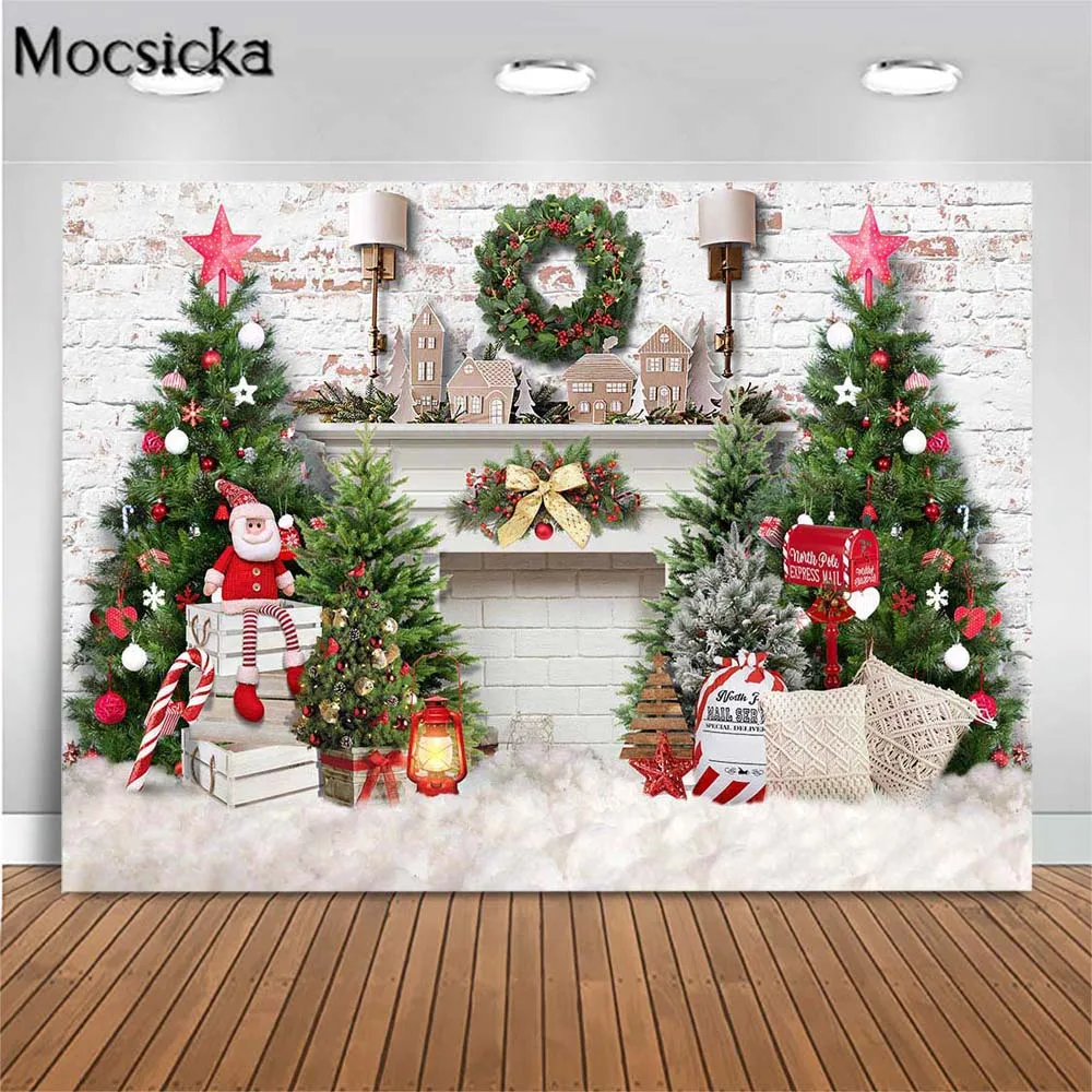 

Mocsicka Christmas Backdrop White Fireplace Xmas Tree Wreath Brick Wall Baby Family Portrait Photography Background Studio Props