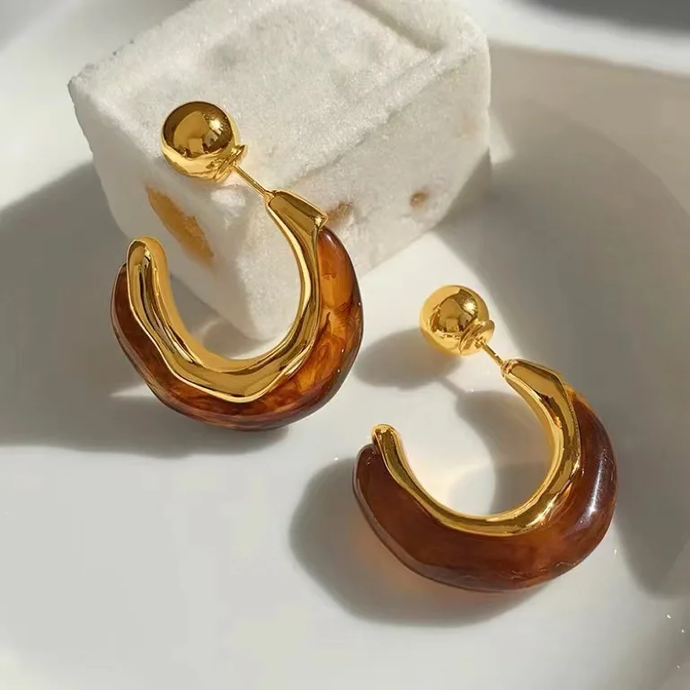

Metallic amber hoop C-shaped earrings for Women brown Hoop Eardrop Trendy Goth Exquisite Piercing Earring Gift Jewelry