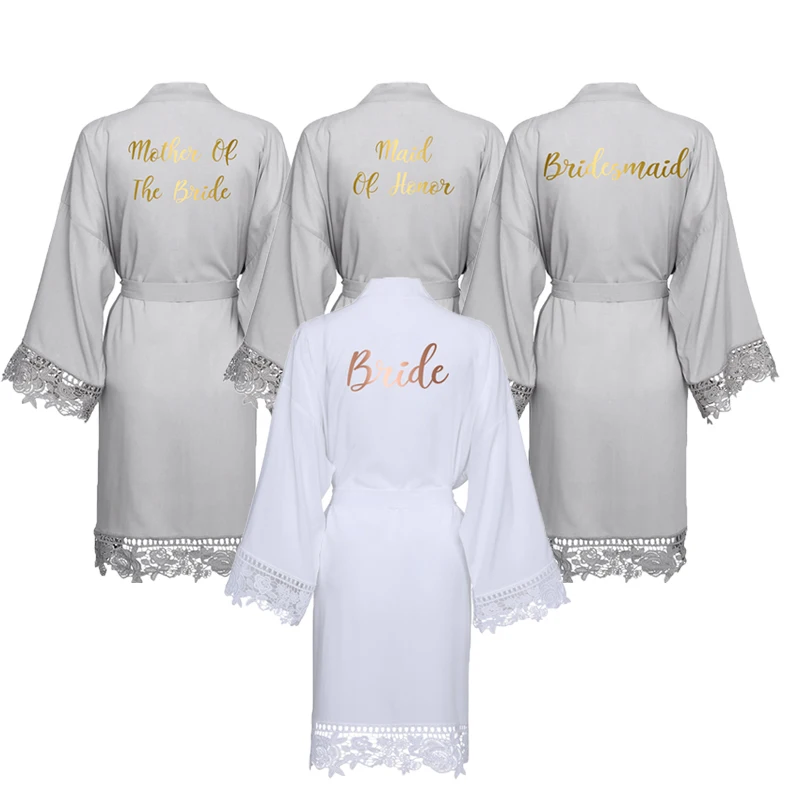 Rayon Cotton Lace Robes Plus Size Wedding Bath Robe Bridesmaid Bride Dressing Gown Women Sleepwear Maid of Honor Gray