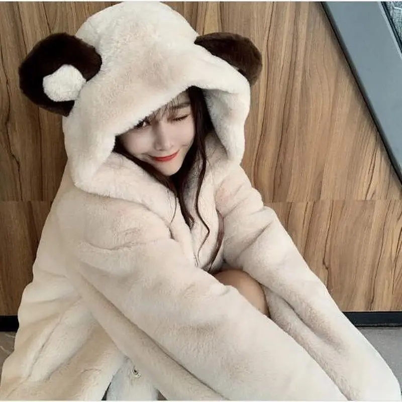 Fur Jacket Women Bear Ear Plush Jacket 2023 Winter New Korean Fashion Cute Preppy Style Oversized Hooded Loose Kawaii Fluffy