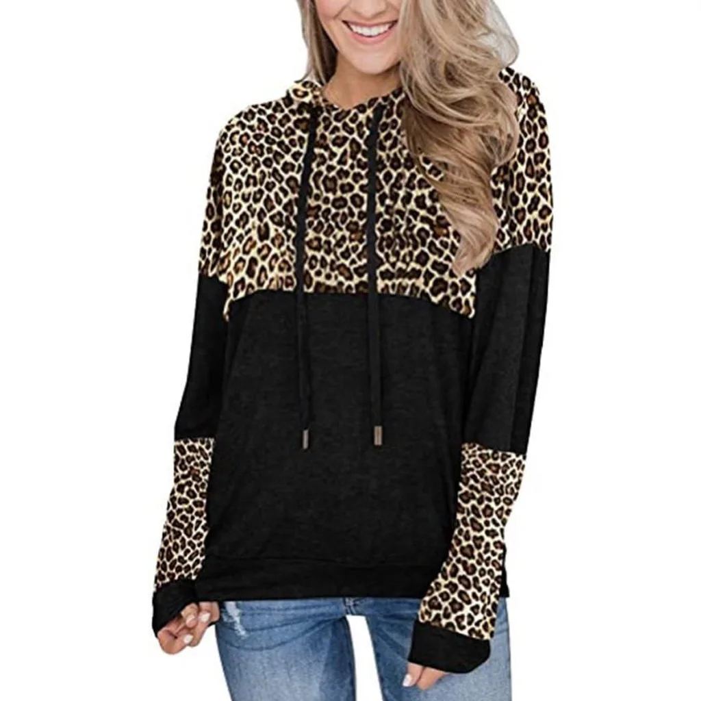 2022 New Women's Long-sleeved Leopard Print Stitching Pullover Hooded Loose Fashion Casual Sweater