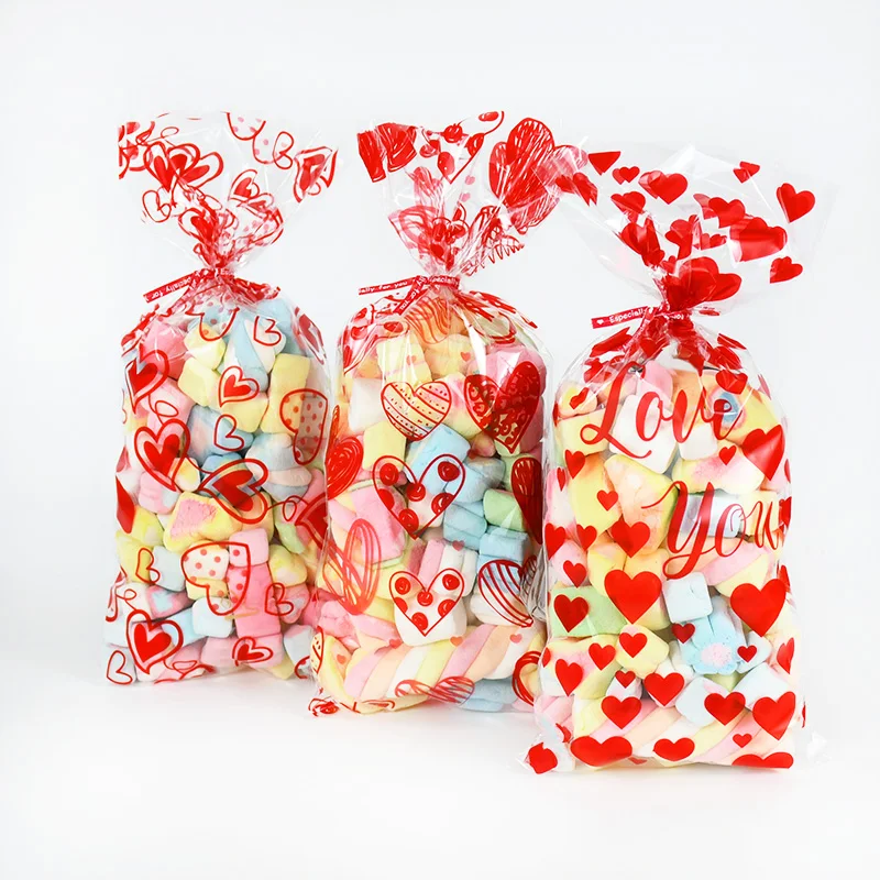 

60pcs Love Heart Pattern Plastic Gift Bags Valentines Day Candy Cookie Packaging Bags for Wedding Birthday Party Favors Supplies