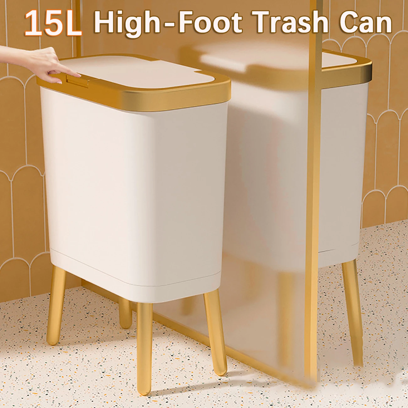 

15L Clamshell Type High-Foot Trash Can Large Capacity Tall Waste Bins Rubbish Box Garbage Storage Bucket for Kitchen Bathroom