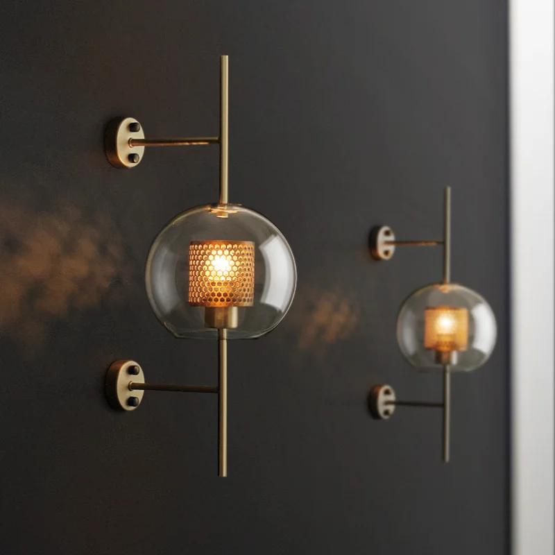 Loft Retro Wall Lamp Industrial Metal Grid Wall Sconce Lights Living Room Corridor Staircase Copper Wall Bedside Glass Wall Lamp