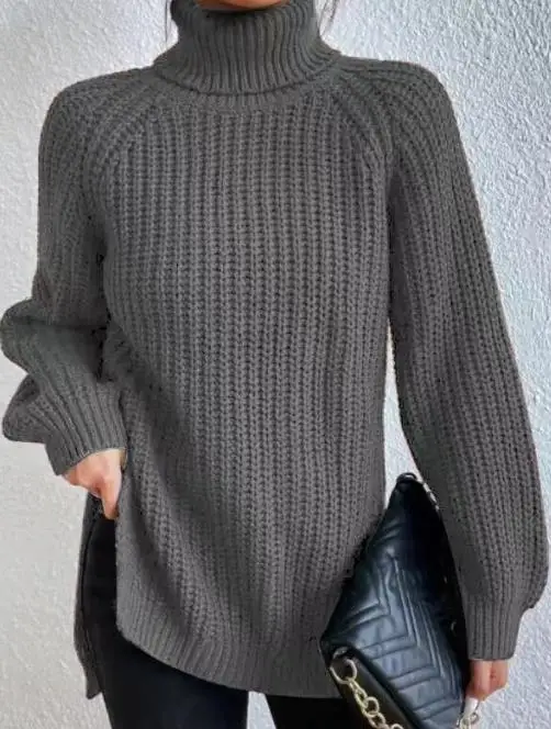 

Women's Tops 2023 Solid Color Long Sleeve Pullover Knitwear Mid Length Raglan Sleeves High Lapel Slit Sweater Pullover Tops