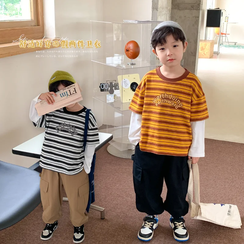 

Children's Clothing Spring Autumn New Fake Two-piece Striped Long-sleeved T-shirt Boys Korean Pullover Trendy Tops