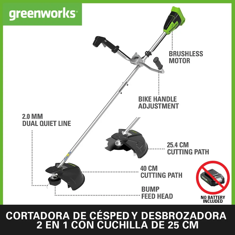 Фото Аккумуляторный кусторез Greenworks 40 В, бесщеточный двигатель, жгут проводов, регулируемая высота, ширина резания 40 см, нейлоновая резьба 2 мм №2