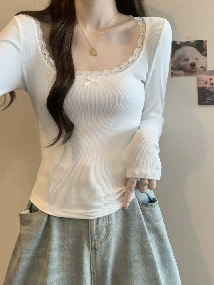 Весенние топы с бантом Y2k женские белые тонкие кружевные квадратным вырезом