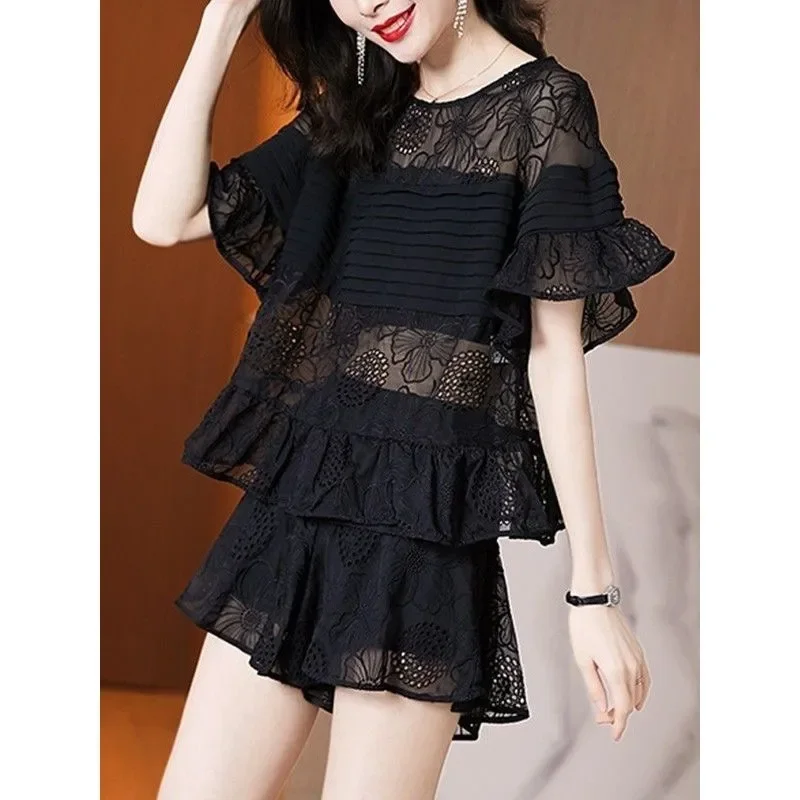 Шикарная женская новая шифоновая блузка с короткими рукавами и шортами