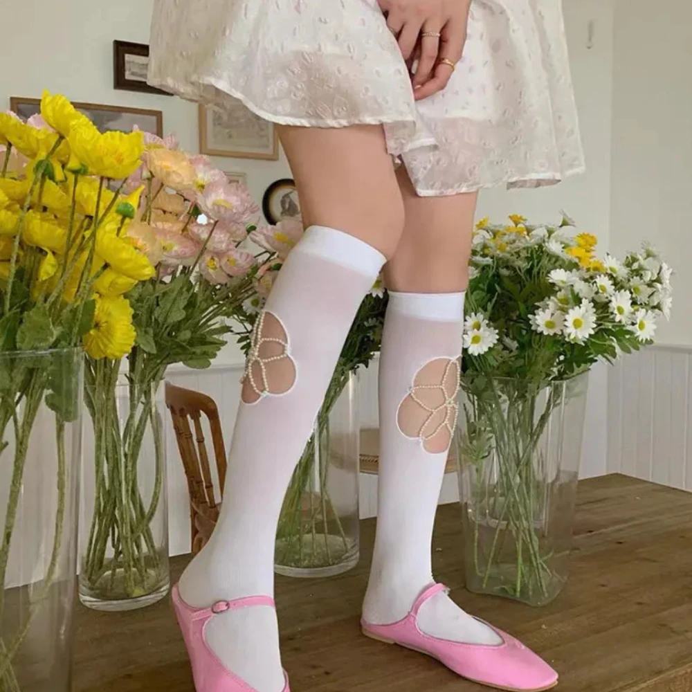 Фото Нежные летние носки ручной работы Sweet Pearl: милые корейские носки-гармошка для улицы, свиданий и под юбку, шелковые чулки №5