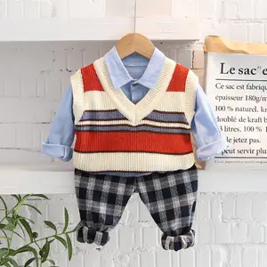 New Spring Trendy Children Clothes Baby Boys Girls Strips Vest Shirt Jeans Pants Spring Kids Clothing Infant Casual Tracksuit