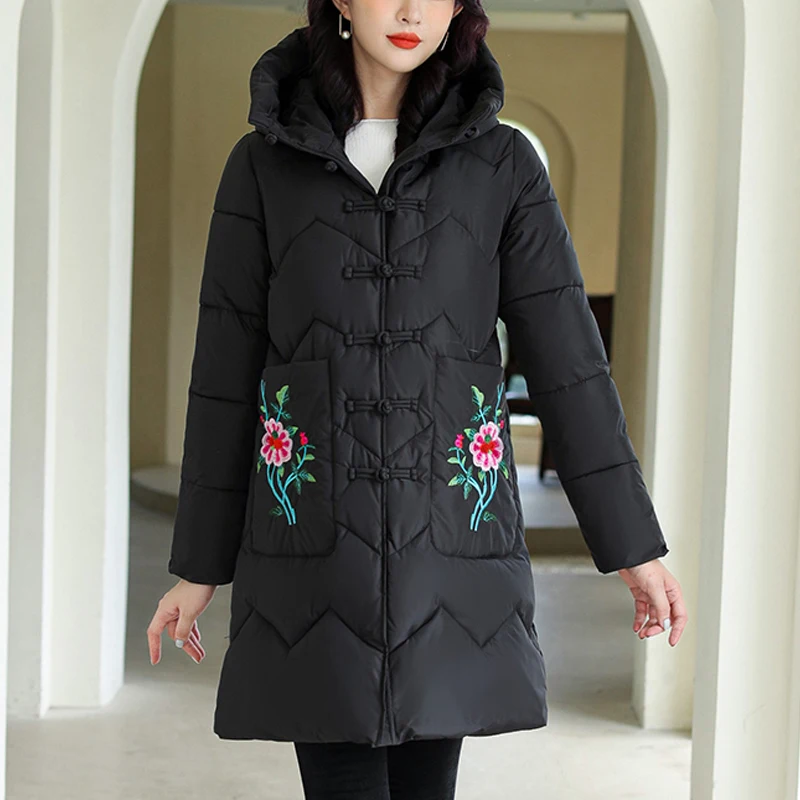 Fashion Ethnic Embroidered Jacket Women Warm Loose Long Overcoat Windproof Hooded Parkas Thick Cotton Cheongsam Coat