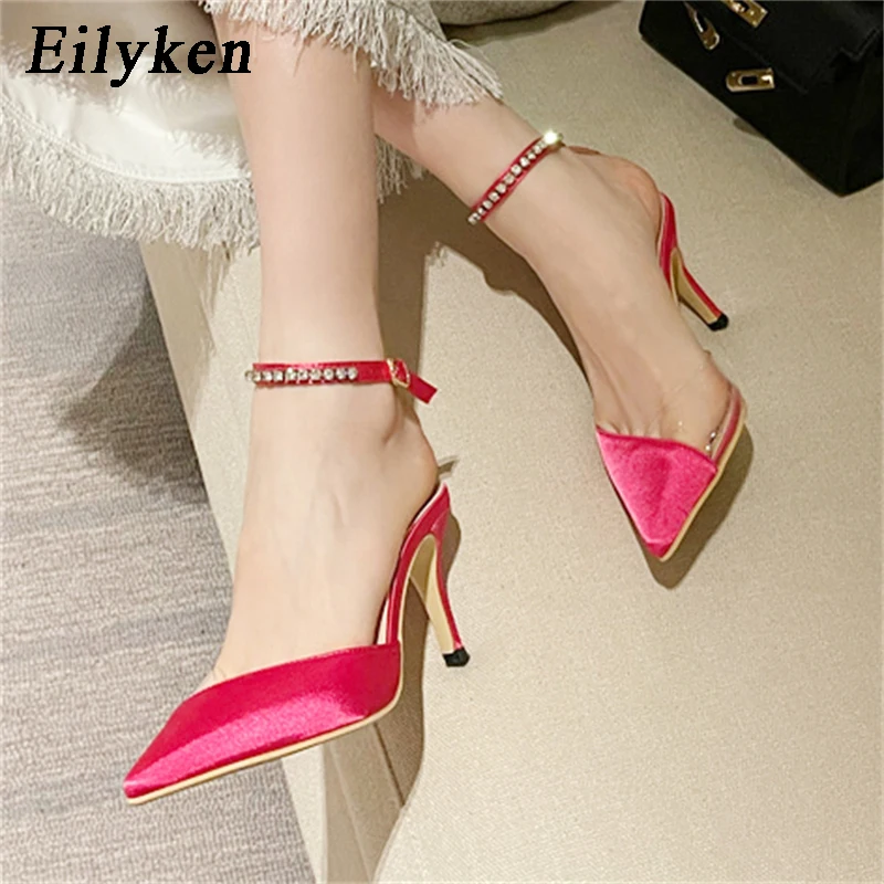 

Eilyken/2023 г.; Брендовые женские туфли-лодочки с ремешком на пятке и пряжкой; Босоножки на высоком каблуке с острым носком и кристаллами; Элегантная летняя обувь для выпускного