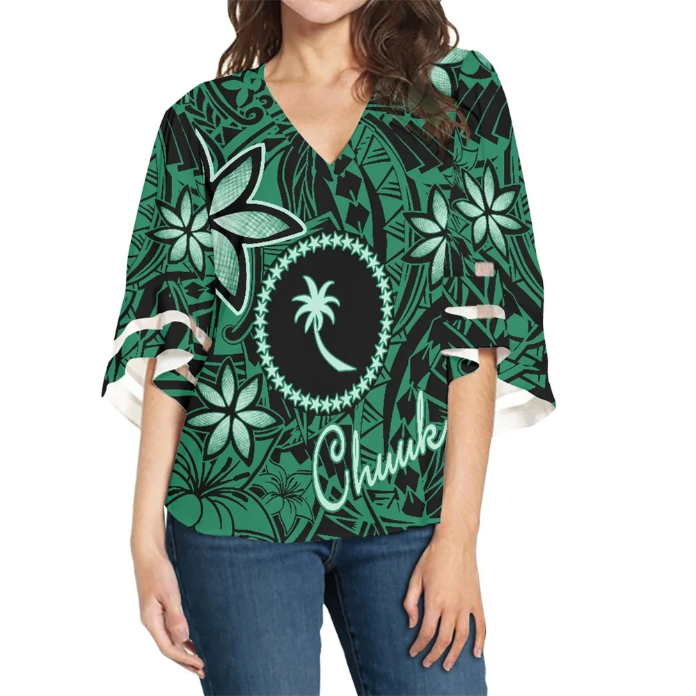 

New Arrival Lady Blouse Polynesia Tribal Chuuk Island Floral Print Blouse Half Sleeve Plus Size Chiffon V-neck Loose Sexy Blouse