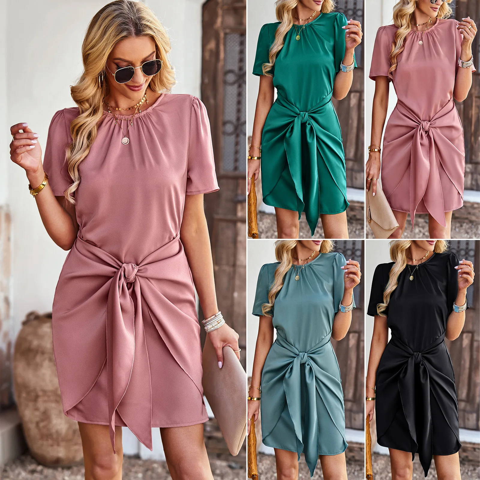 

New Arrival 2023 Summer Women Fashion Short Sleeve O-Neck Skirt In Solid Color Lace-Up Design Dress Elegant Club Evening Dress