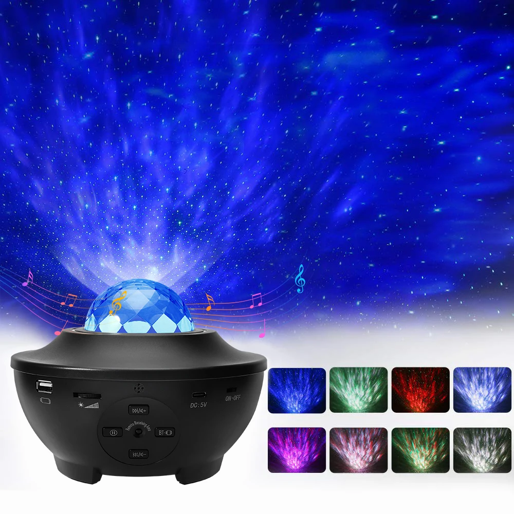 

Цветной Звездный проектор USB Galaxy Bluetooth-совместимый с голосовым управлением музыкальный плеер ночник водяная волна проектор лампа
