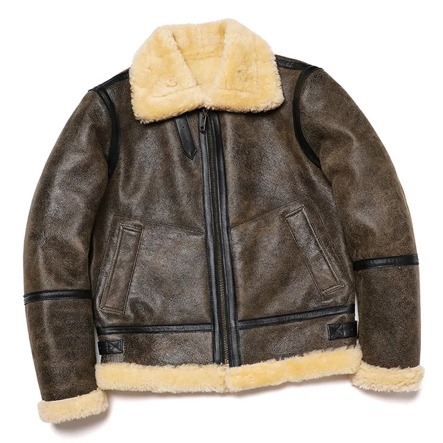 

100% luxury genuine real New B3 Shearling Wool Fur Sheepskin Jacket Men Bomber 3 Genuine Leather Coat Warm Winter Clothing Vinta