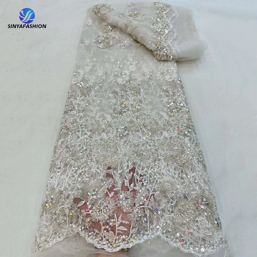 Белые роскошные бисерные кружевные блестки, жемчужины, африканская кружевная ткань 2023, высокое качество, французское строгое платье