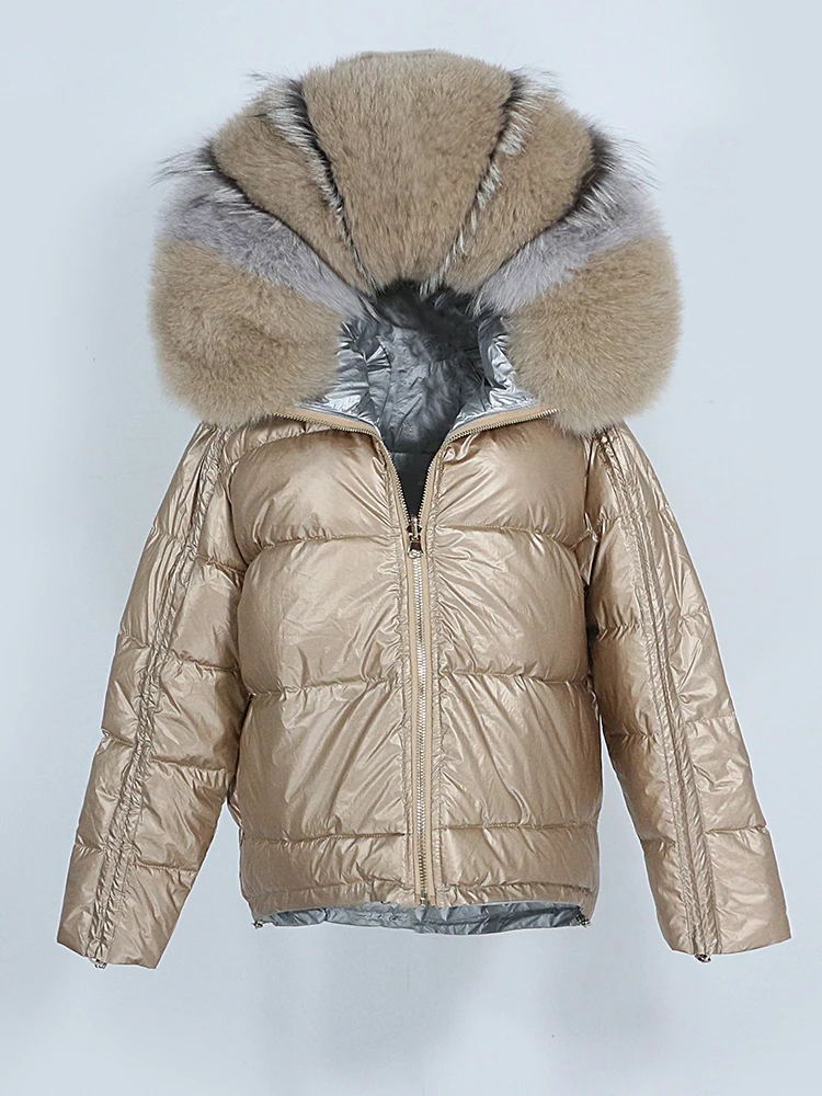 

OFTBUY 2022, зимняя куртка, Женское пальто из натурального меха лисы, свободный короткий пуховик с воротником, серебристая белая утка, Двусторонн...