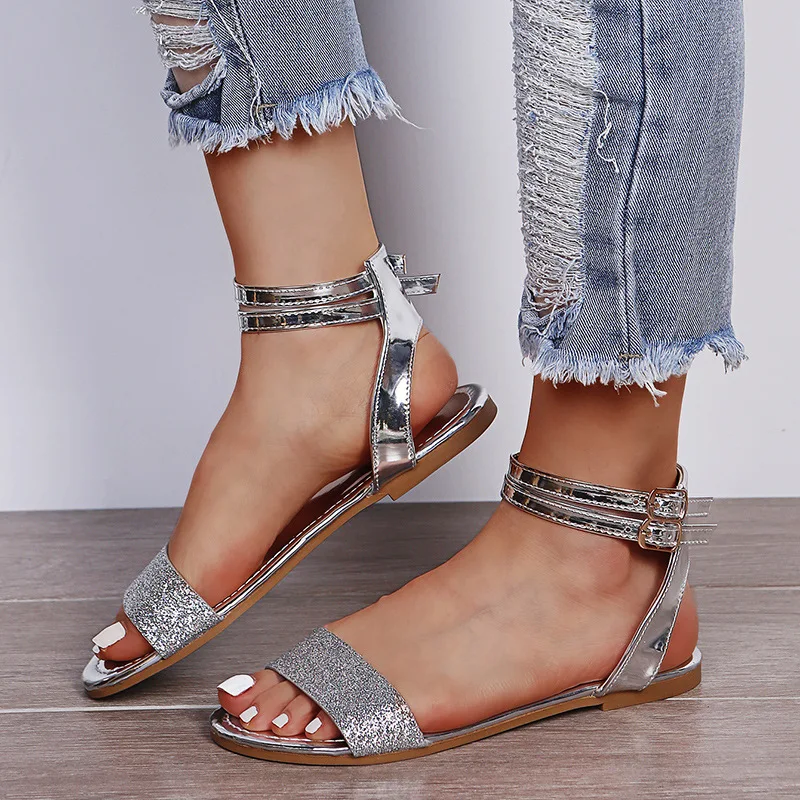

Summer New Women's Sandals Large Size 43 Word Belt Sandals Roman Style Open Toe Comfortable Beach Shoes Sandalias De Mujer