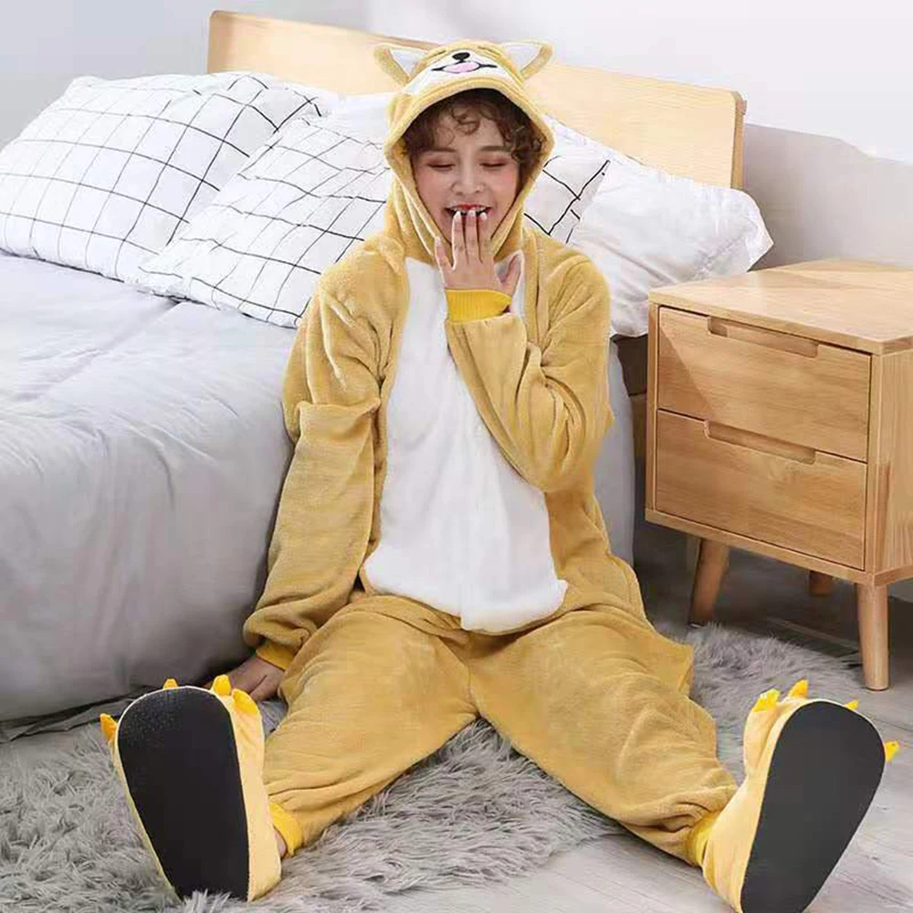 Unisex Adult Winter Warm One-Piece Shiba Inu Corton Animal Pajamas Polyester Comfortable Thick Delta Hooded Cosplay Jumpsuits